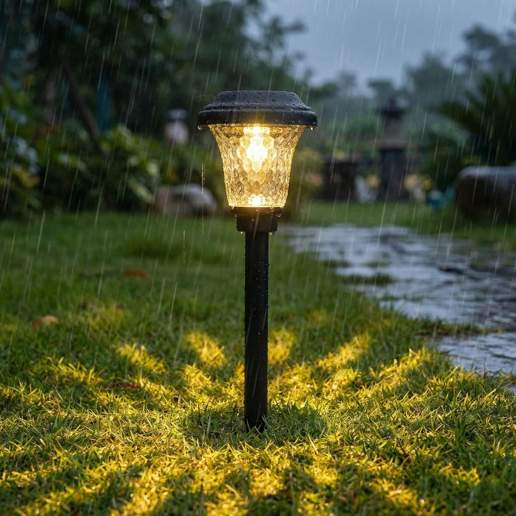 Solar garden light emitting a warm glow on a rainy day with grass and a pathway in the background.