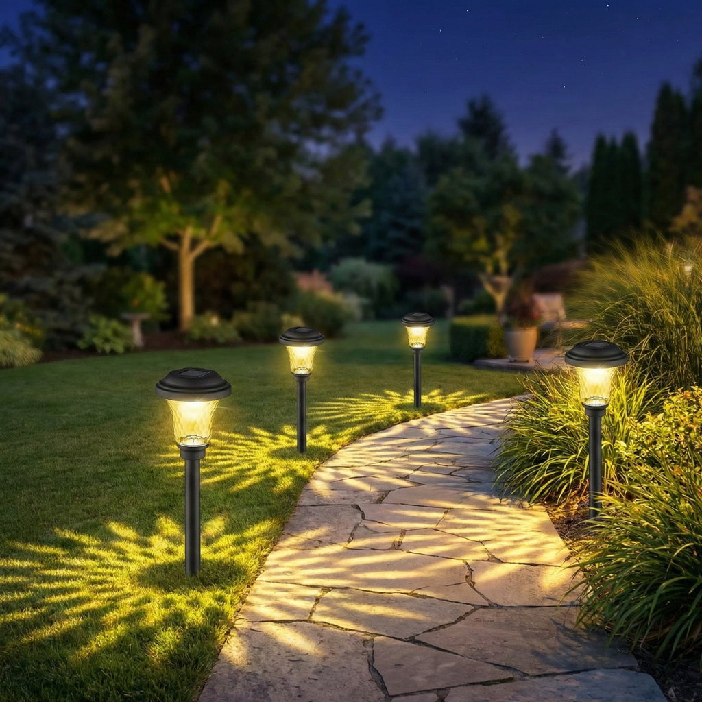 Garden pathway illuminated by solar-powered lamps at night.