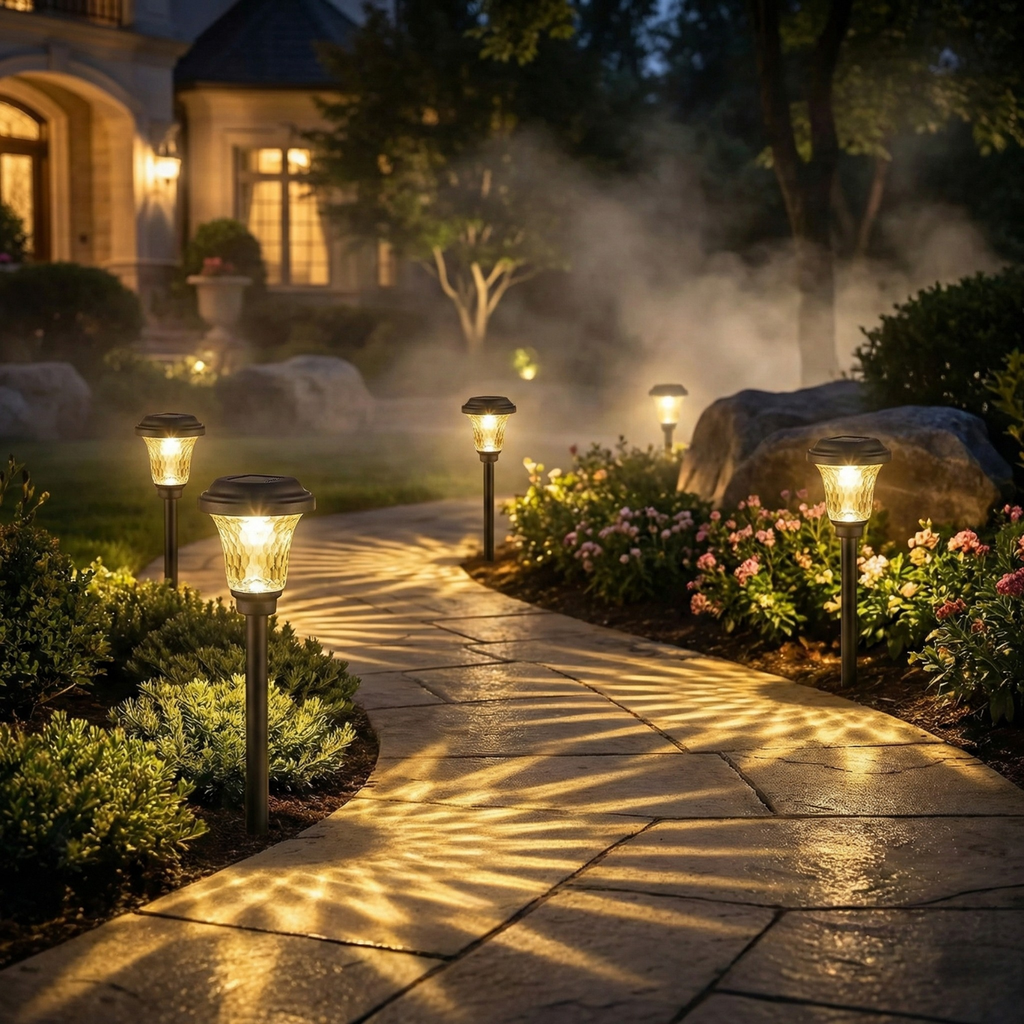 Pathway illuminated by decorative outdoor lights in a garden setting