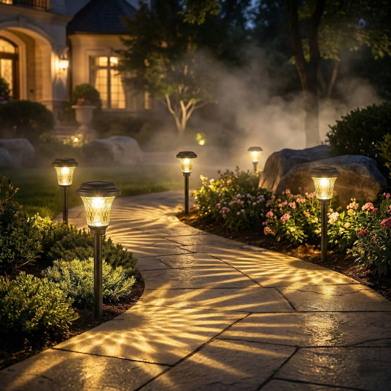 Pathway illuminated by decorative outdoor lights in a garden setting