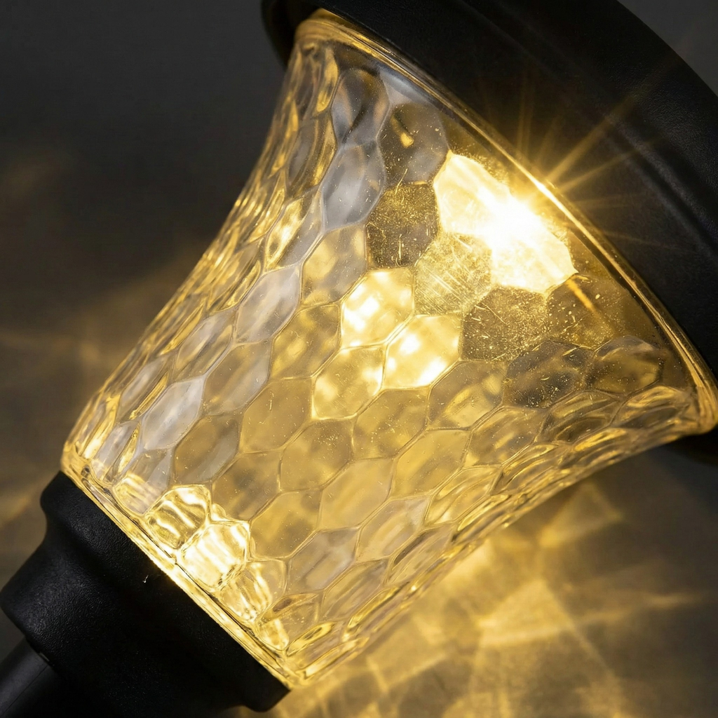 Decorative outdoor light with honeycomb pattern on a dark background