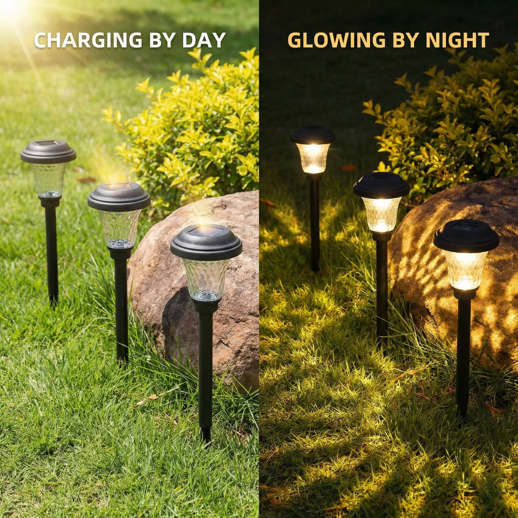 Solar garden lights charging during the day and glowing at night.