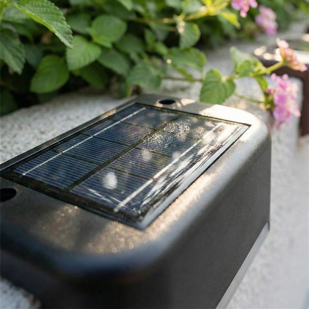 Solar-powered outdoor light fixture with a solar panel on a garden background