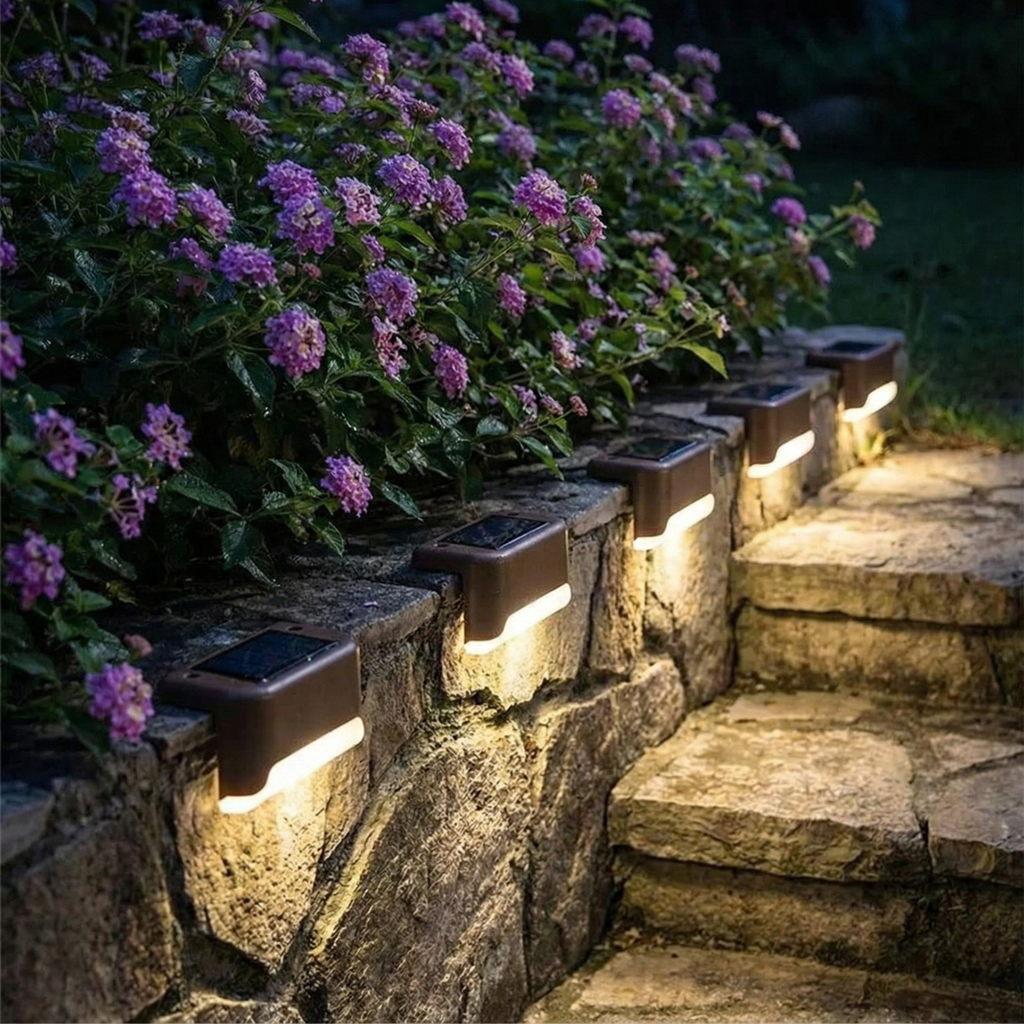 Solar lights embedded in a stone wall with purple flowers in the background