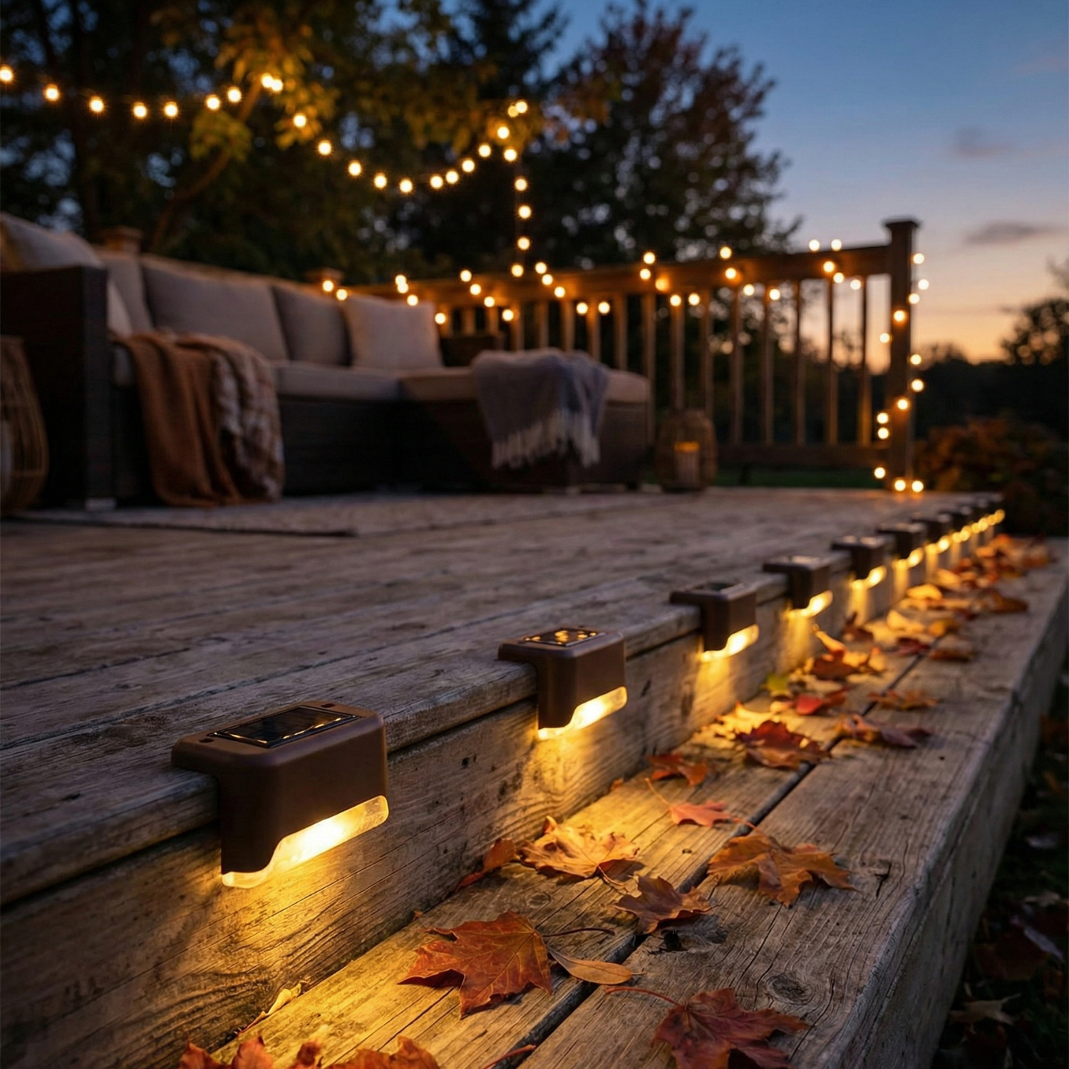 Outdoor deck with string lights and solar-powered deck lights.