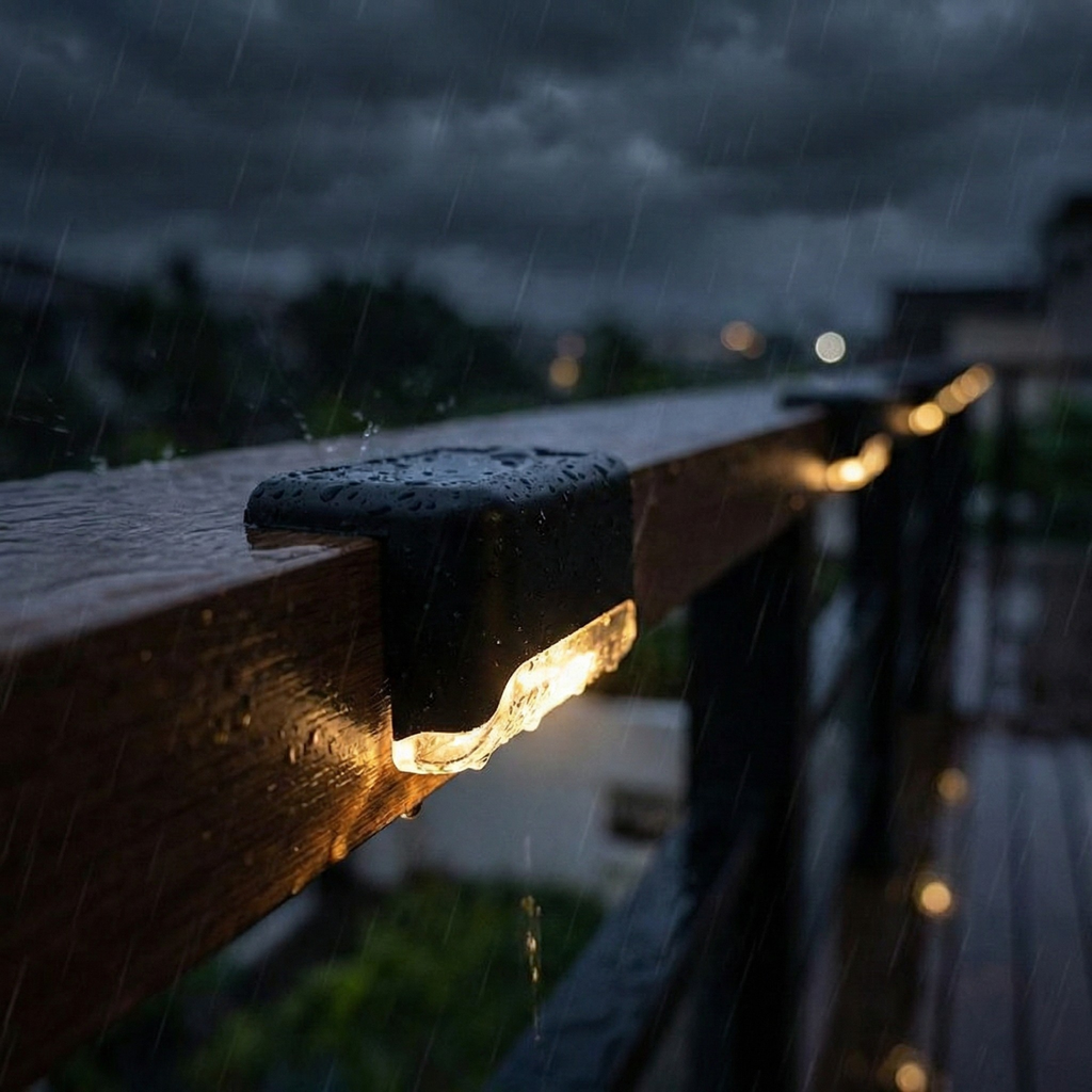 Wooden railing with a light fixture on a rainy day
