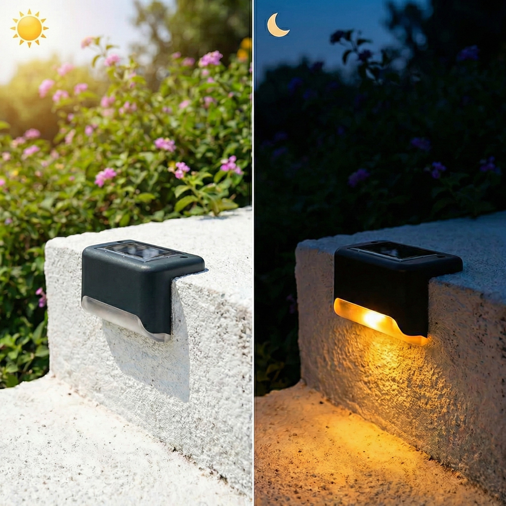 Solar light fixture on a stone block during the day and night with glowing effect.