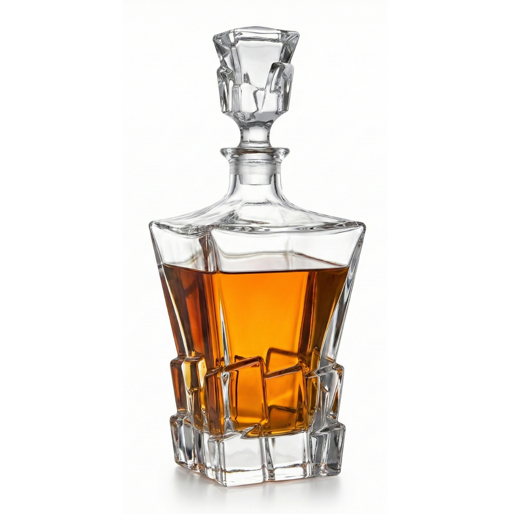 Sculpted Crystal Whiskey Decanter – 870ml Lead-Free Modern Liquor Bottle with Stopper (Obsidian Cut)