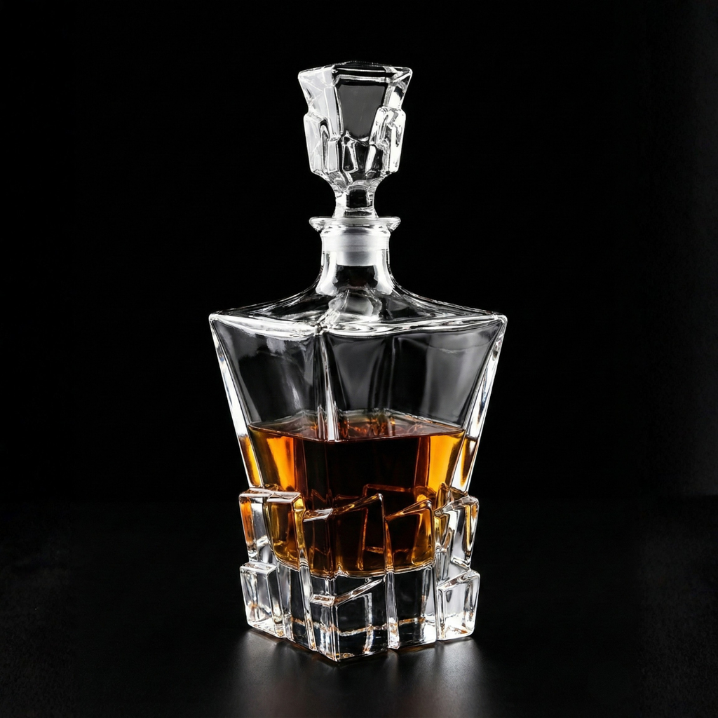Sculpted Crystal Whiskey Decanter – 870ml Lead-Free Modern Liquor Bottle with Stopper (Obsidian Cut)