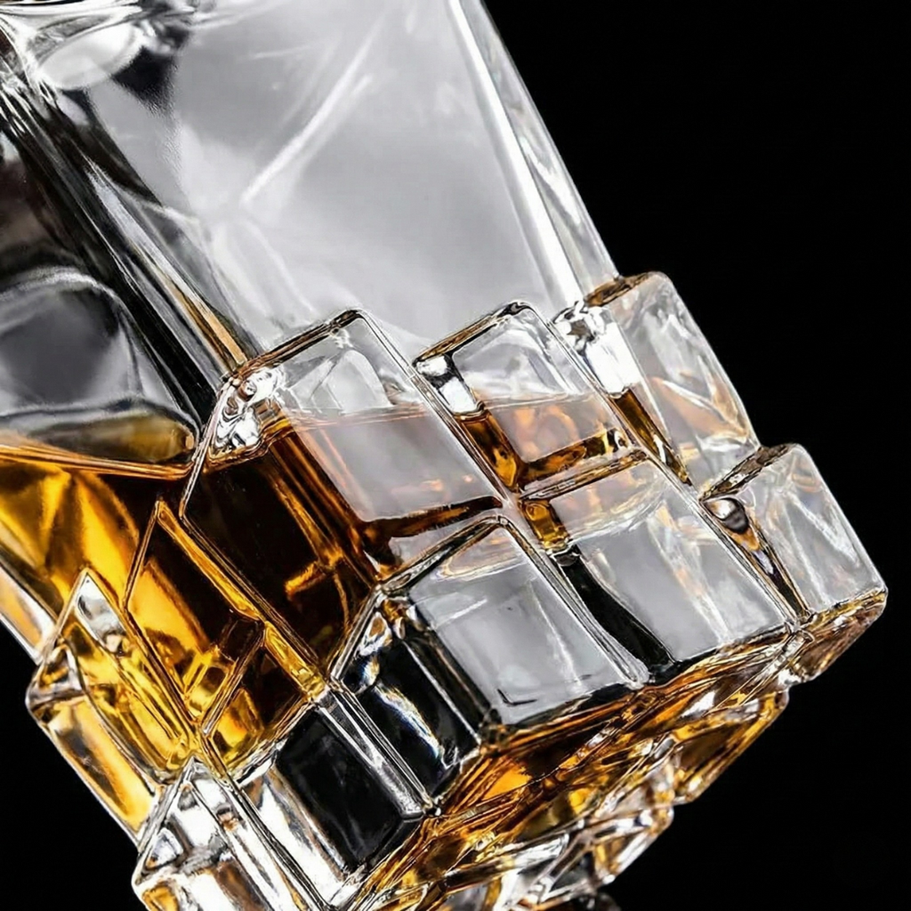 Sculpted Crystal Whiskey Decanter – 870ml Lead-Free Modern Liquor Bottle with Stopper (Obsidian Cut)