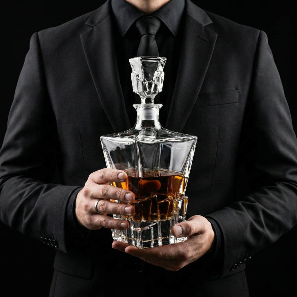 Sculpted Crystal Whiskey Decanter – 870ml Lead-Free Modern Liquor Bottle with Stopper (Obsidian Cut)