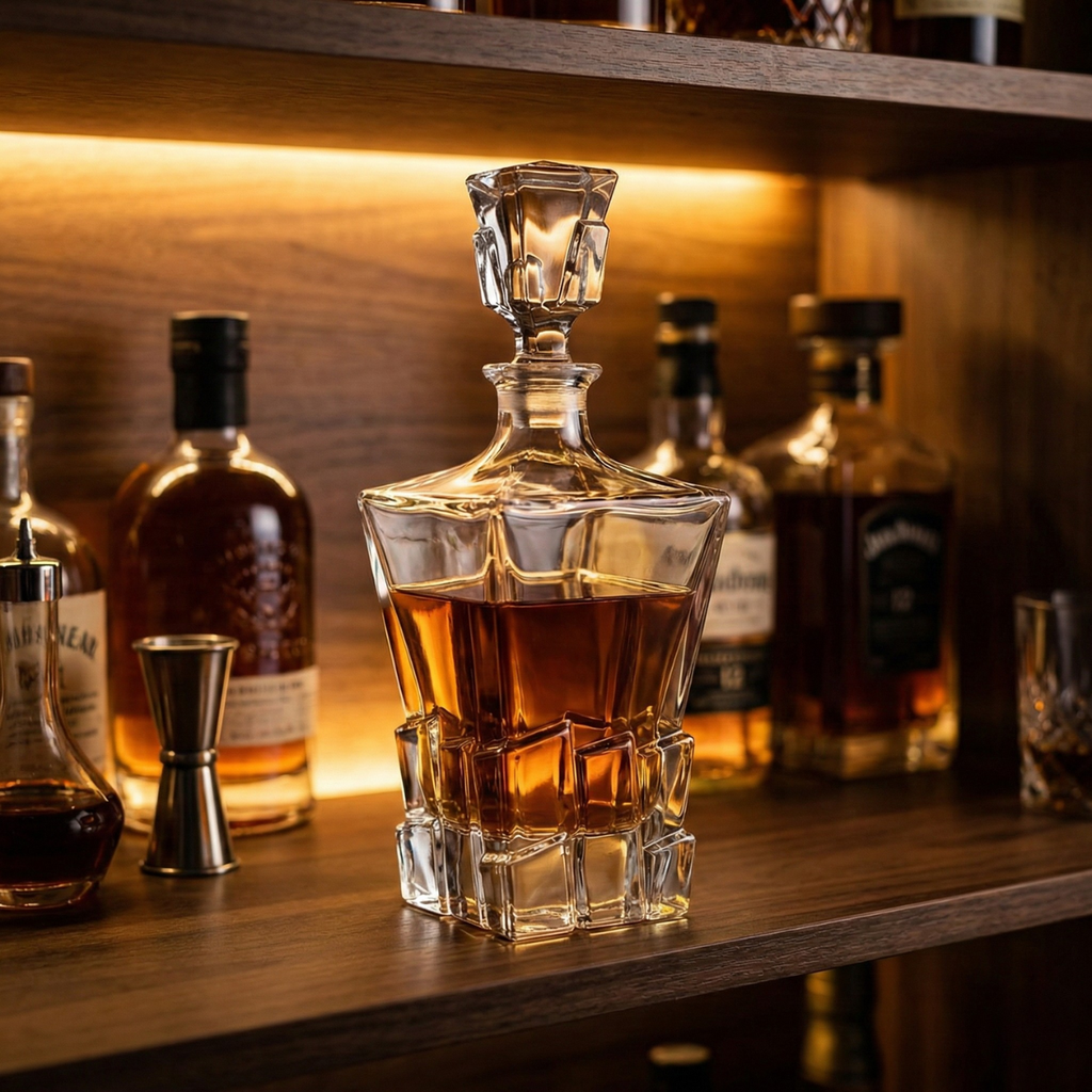 Sculpted Crystal Whiskey Decanter – 870ml Lead-Free Modern Liquor Bottle with Stopper (Obsidian Cut)