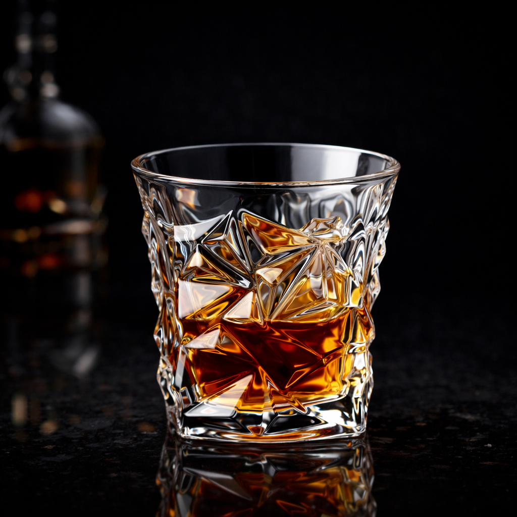 Crystal glass filled with whiskey and ice cubes on a dark background