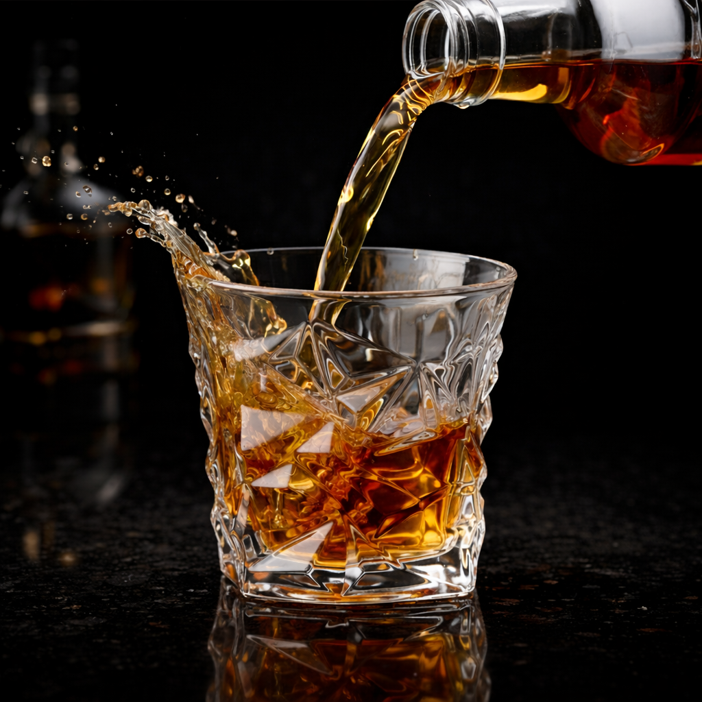 Whiskey being poured into a glass with ice cubes on a dark background