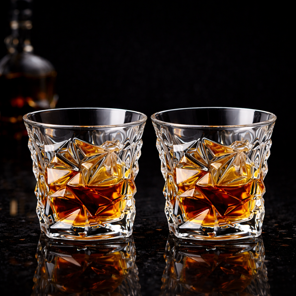 Two glasses of whiskey with ice cubes on a dark background