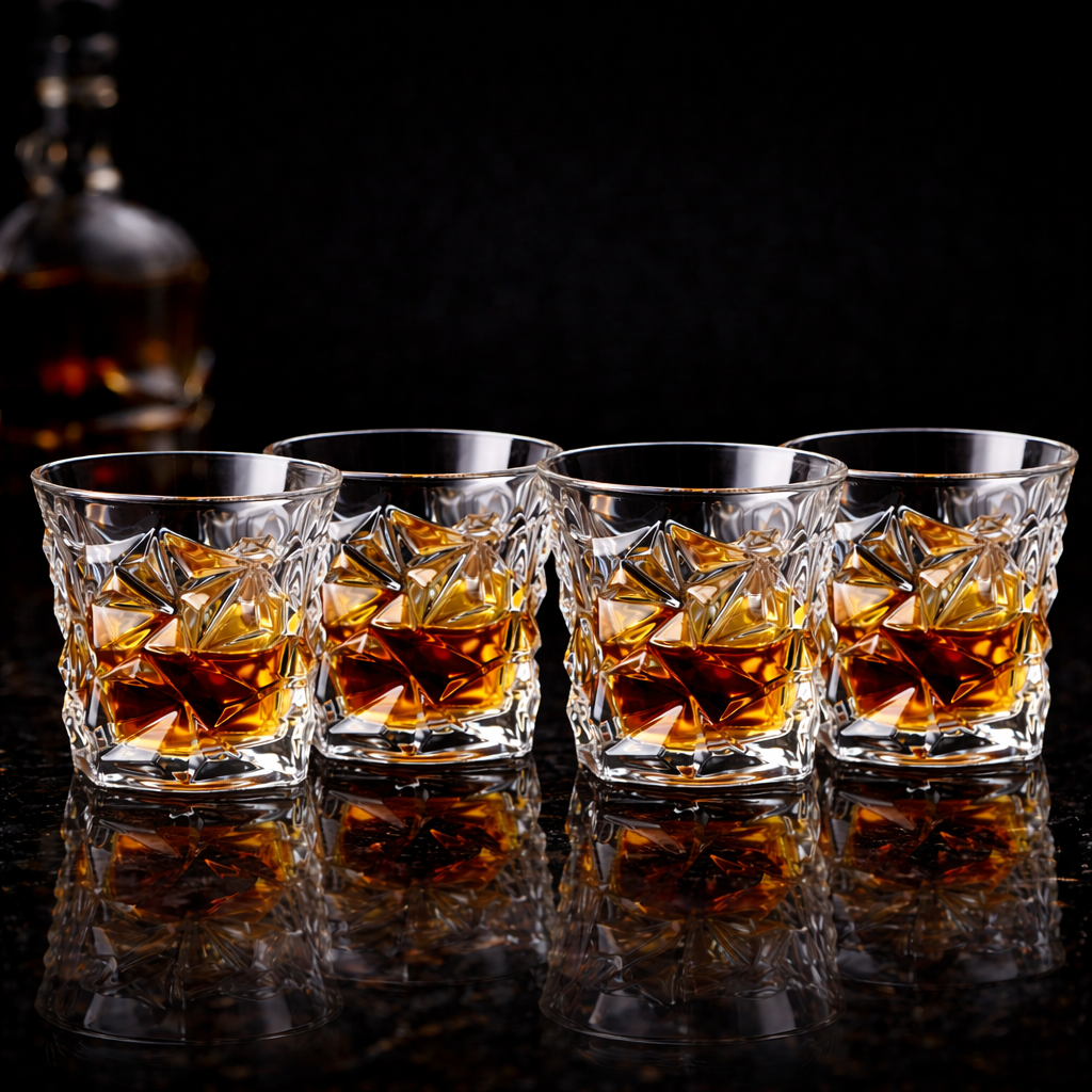 Four glasses of whiskey with ice cubes on a dark surface