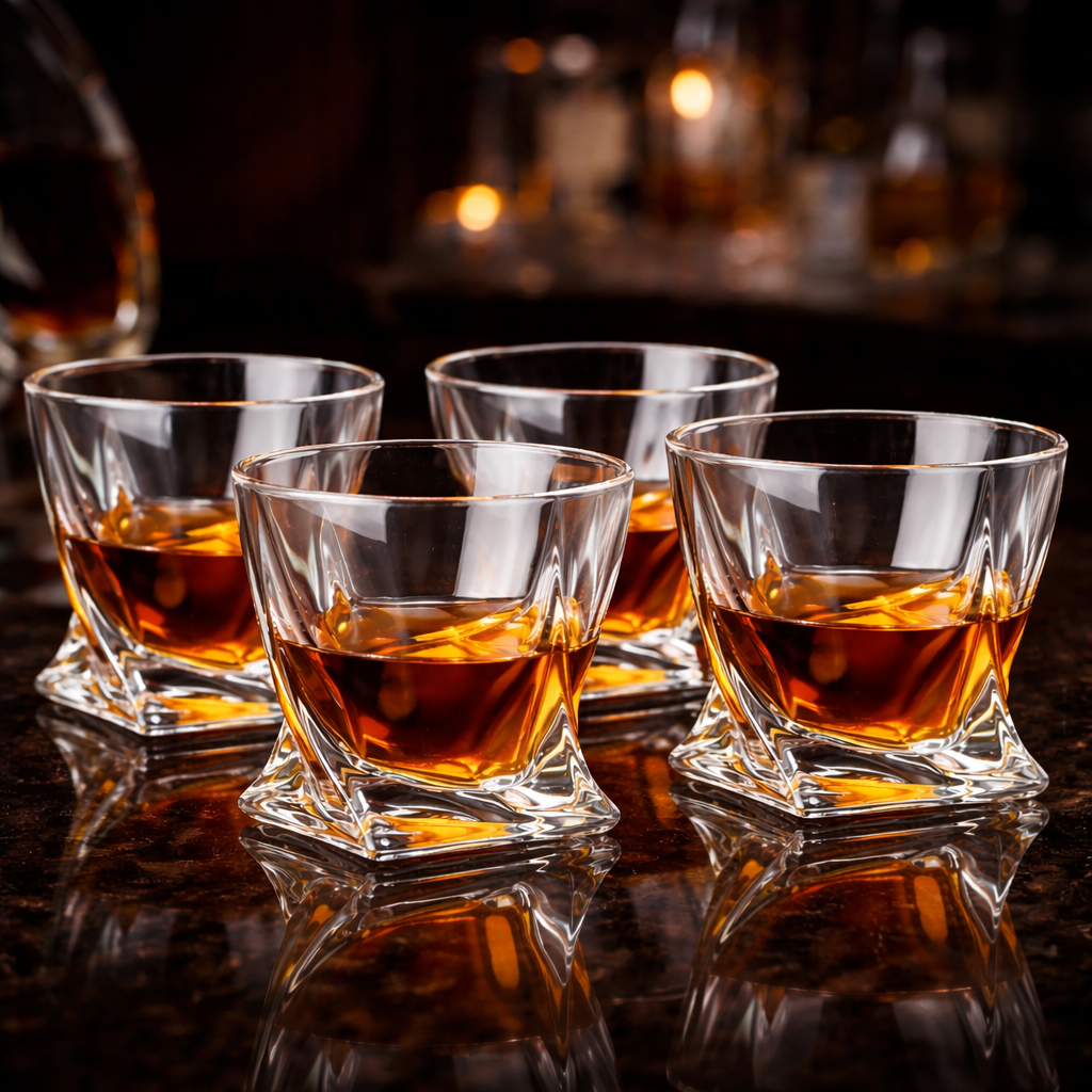 Set of four Axis Tilt whiskey tumblers with heavy faceted crystal base