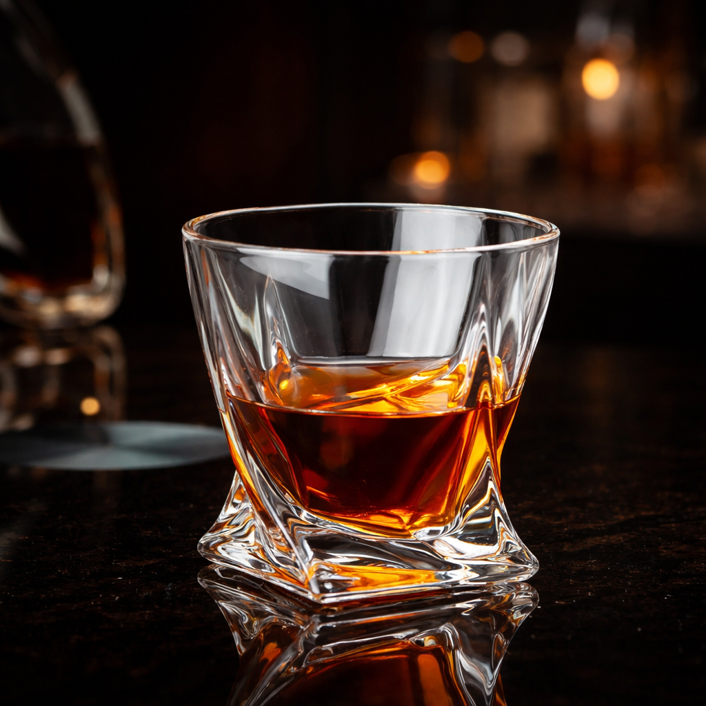 Axis Tilt old fashioned tumbler filled with amber whiskey, heavy faceted base