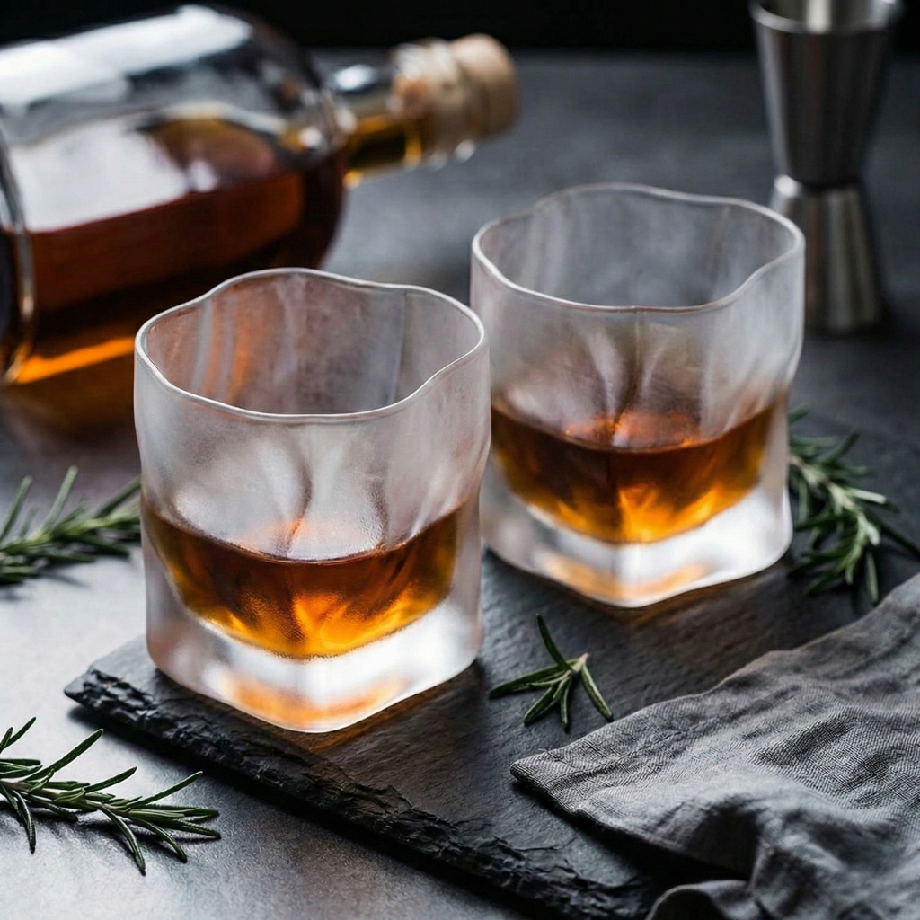 Frosted Crystal Whiskey Glass - Modern Heavy Base Bourbon & Scotch Rocks Glass