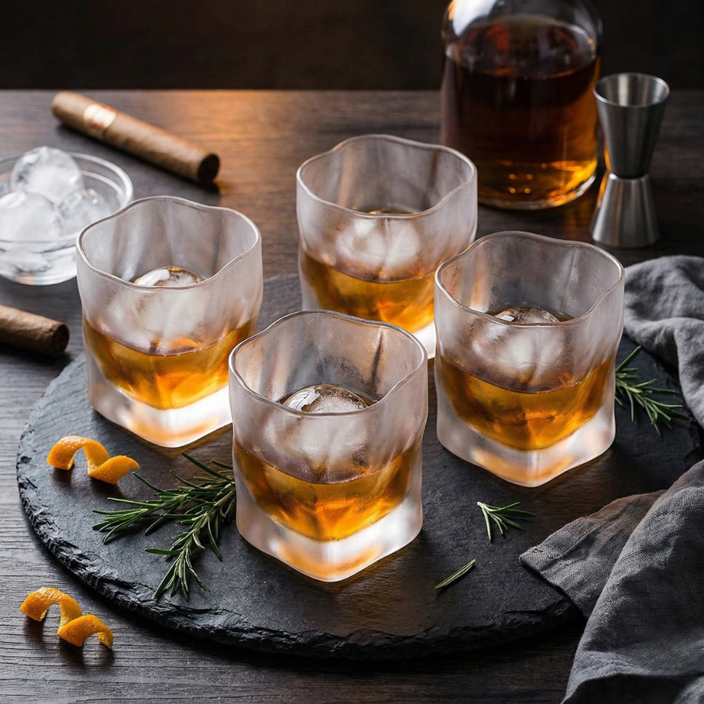 Frosted Crystal Whiskey Glass - Modern Heavy Base Bourbon & Scotch Rocks Glass