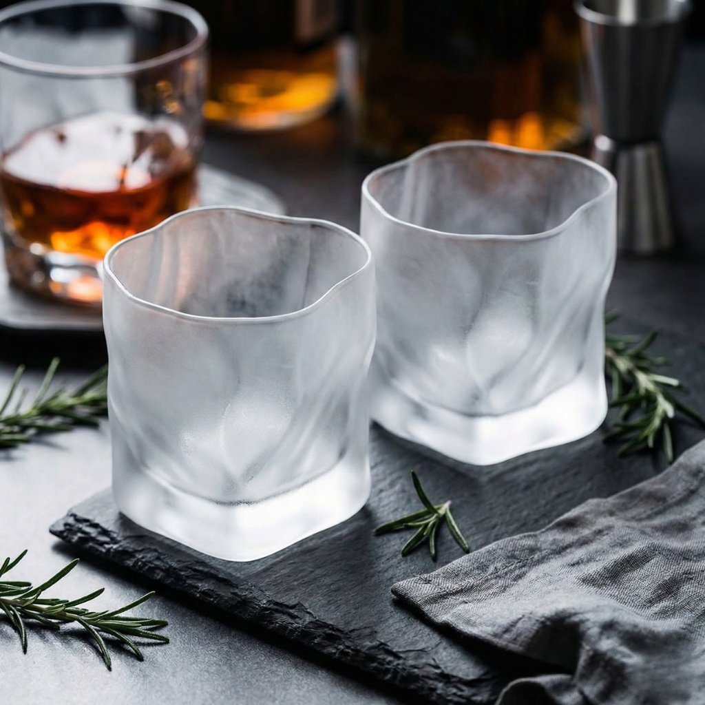 Frosted Crystal Whiskey Glass - Modern Heavy Base Bourbon & Scotch Rocks Glass