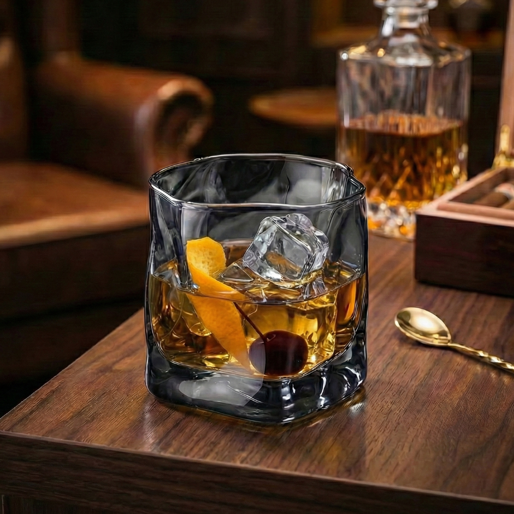 Smoked Ash Crystal Whiskey Glass - Heavy Base Modern Bourbon Rocks Glass