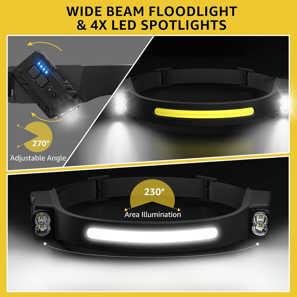 Wide beam floodlight and 4x LED spotlights with adjustable angle and area illumination features.