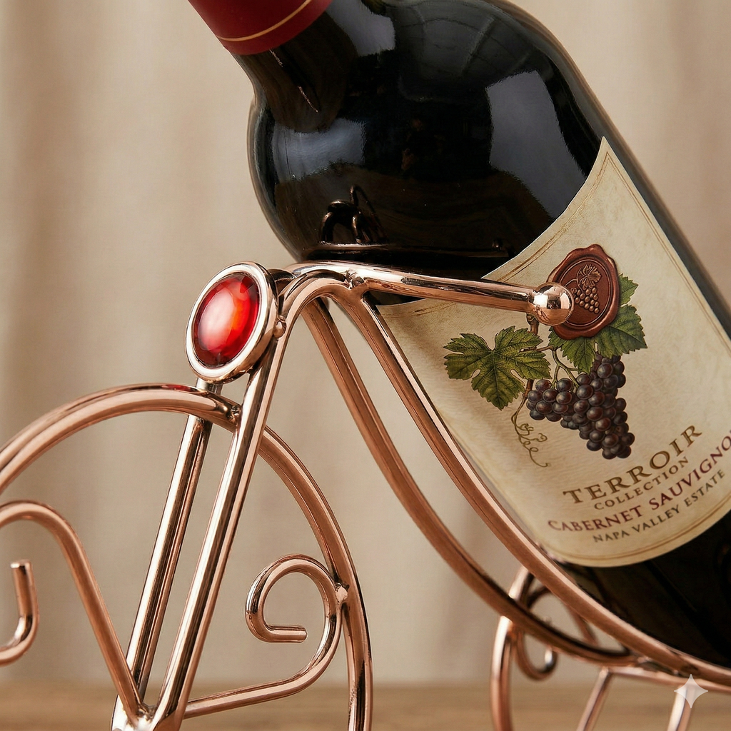 Close-up of copper tricycle wine bottle holder with red gem accents and bottle label